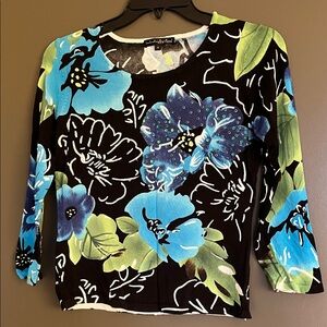Women’s Black Floral Long-Sleeve Top with Blue & Green Blooms